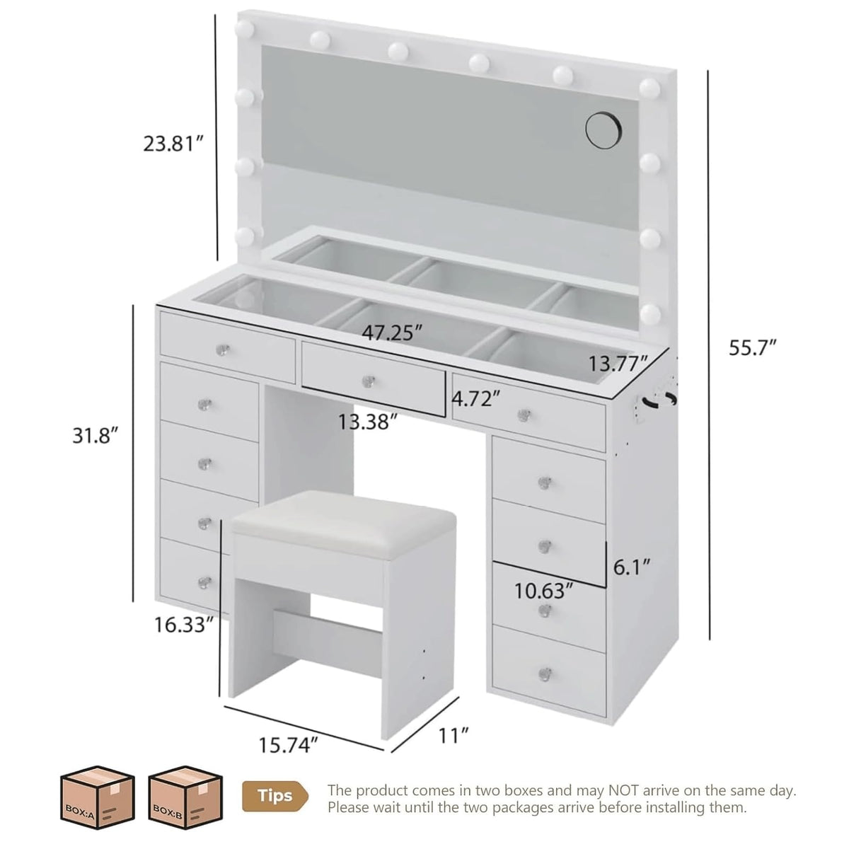 Makeup Vanity Desk with Mirror and 11 Drawers H564