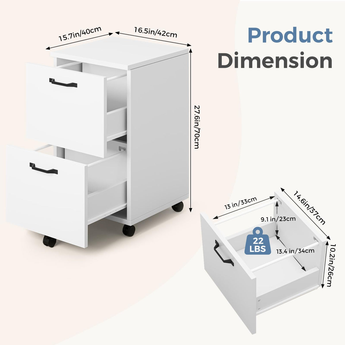 2 Drawer White Rolling Wood File Cabinet B92671