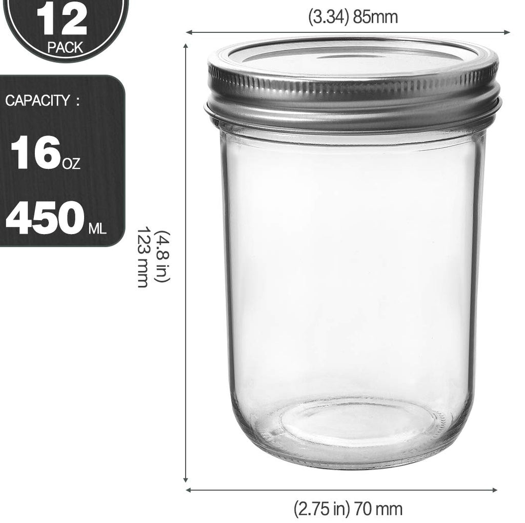 16oz Wide Mouth Mason Jars, 12 Pack with Lids & Bands O27616