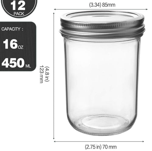 16oz Wide Mouth Mason Jars, 12 Pack with Lids & Bands O27616