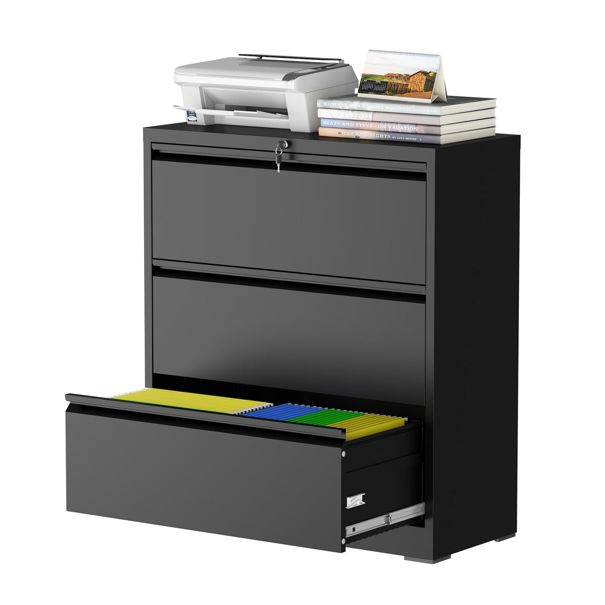 Black 3 Drawer Metal File Cabinet with Lock O690