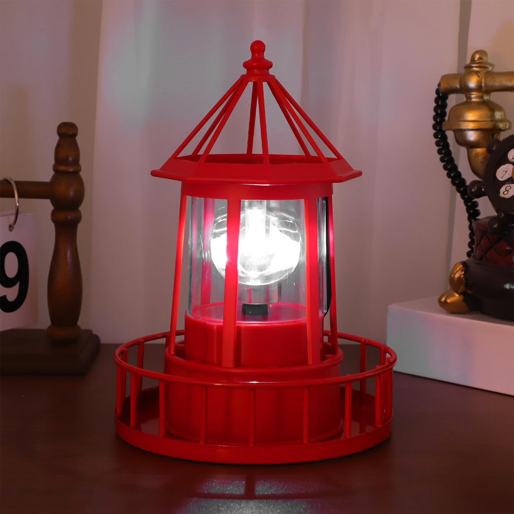 Solar Powered Rotating Lighthouse Garden Light Outdoor Waterproof Resin Iron Red Q757