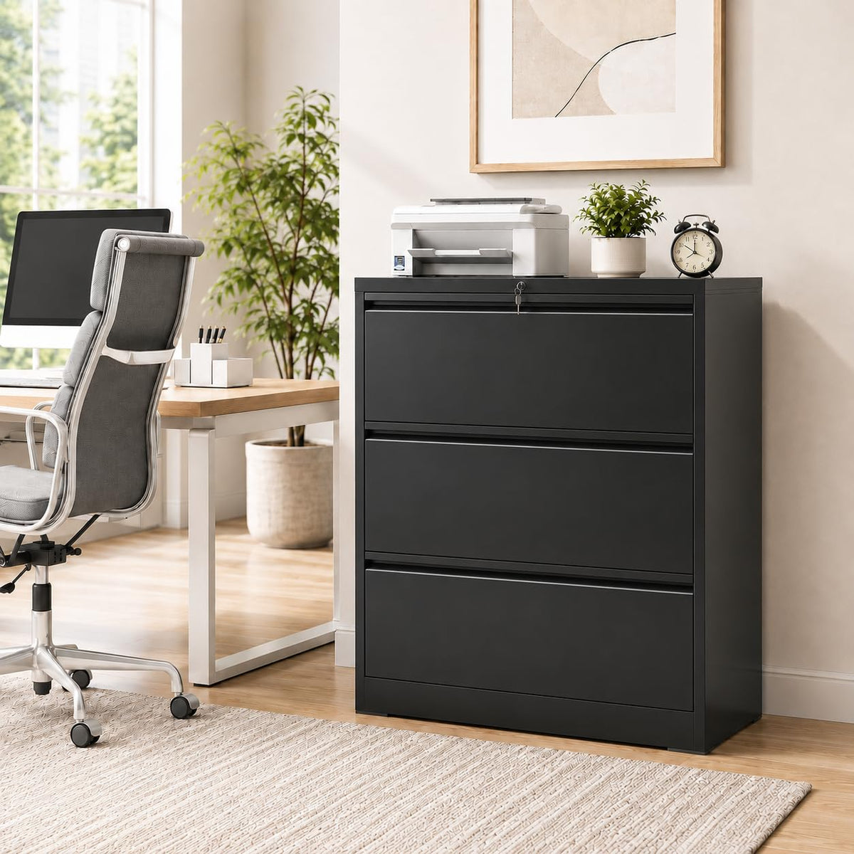 Black 3 Drawer Metal File Cabinet with Lock O690