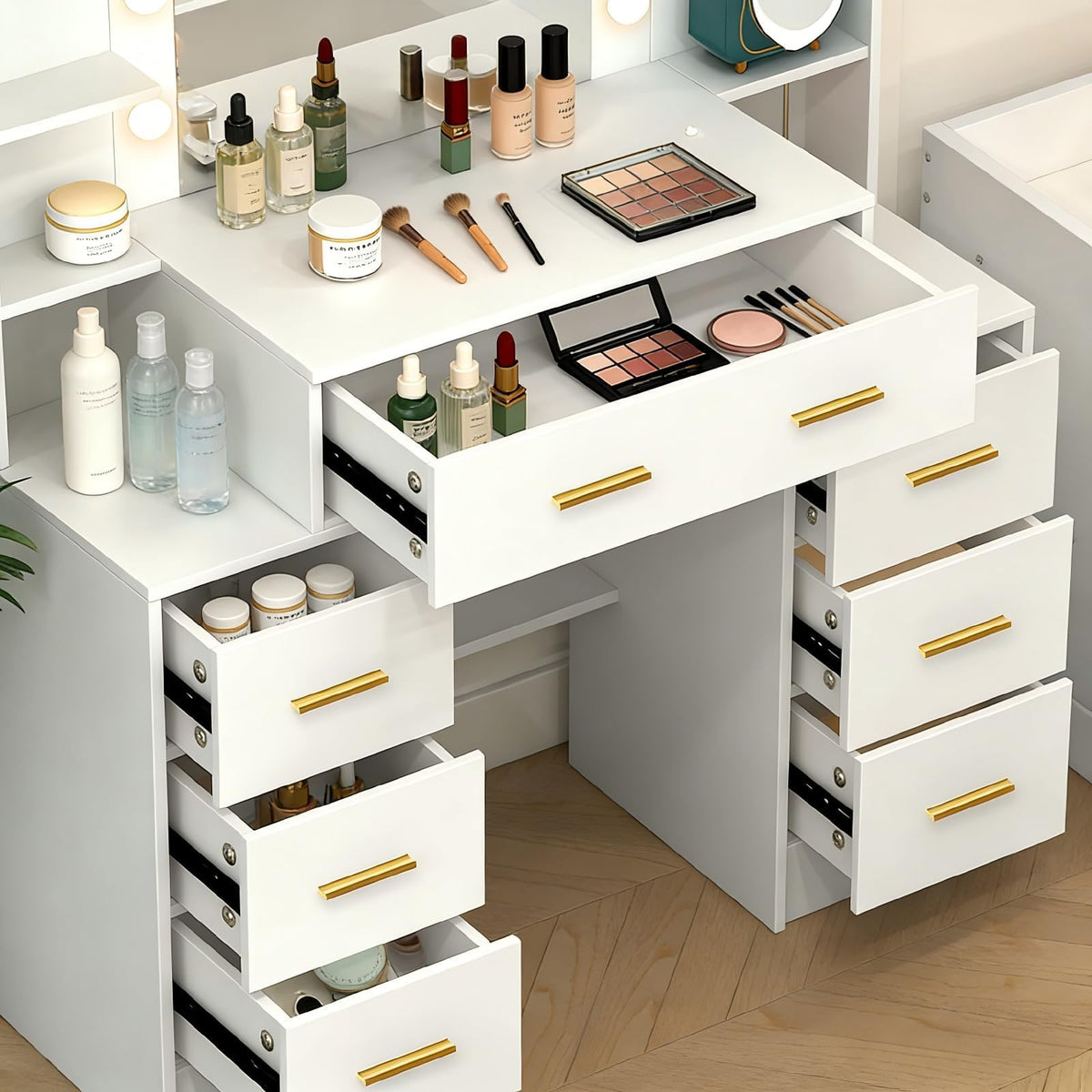 Makeup Vanity with Lights and Mirror, 7 Drawers, 6 Shelves, 10 Lights A384