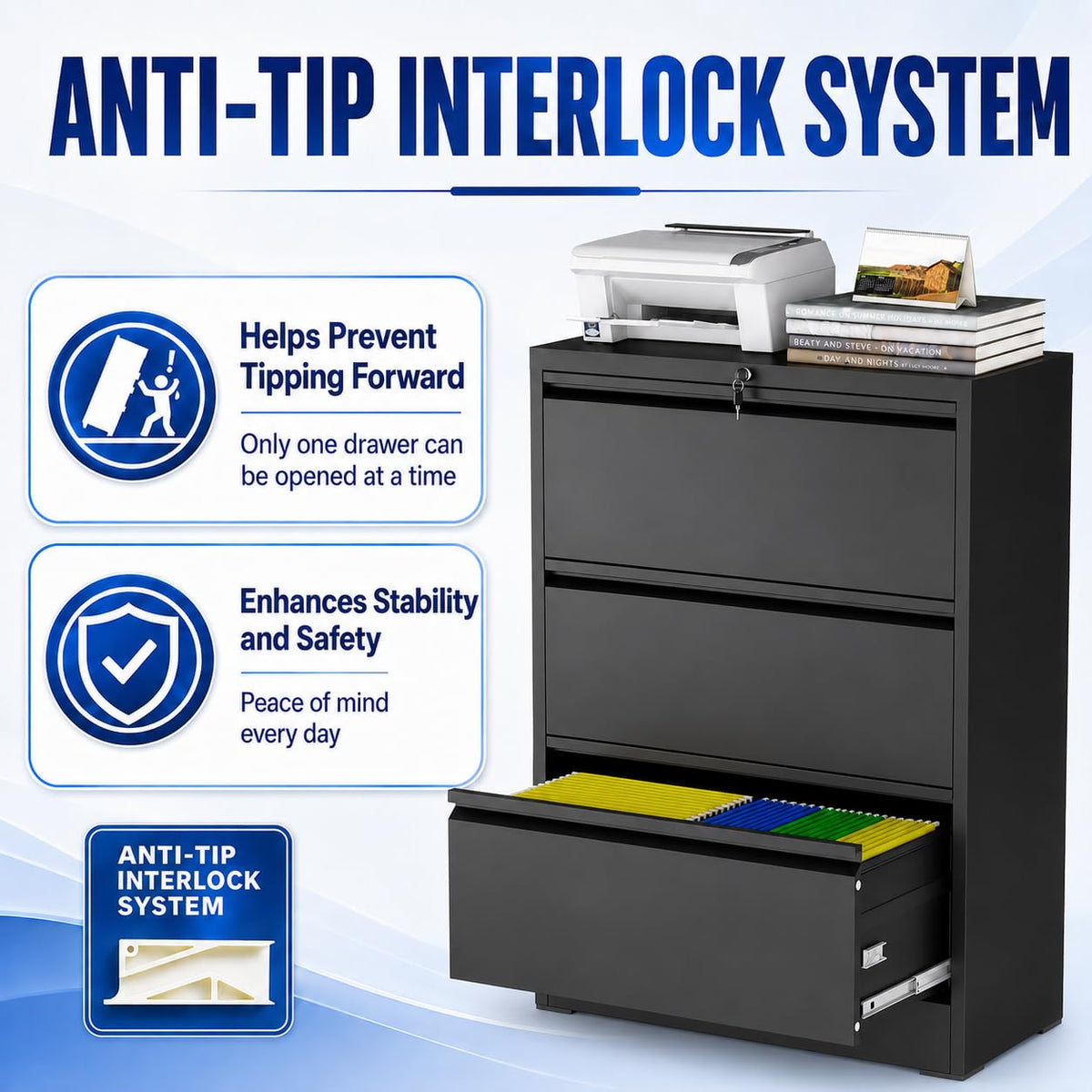 Black 3 Drawer Metal File Cabinet with Lock O690