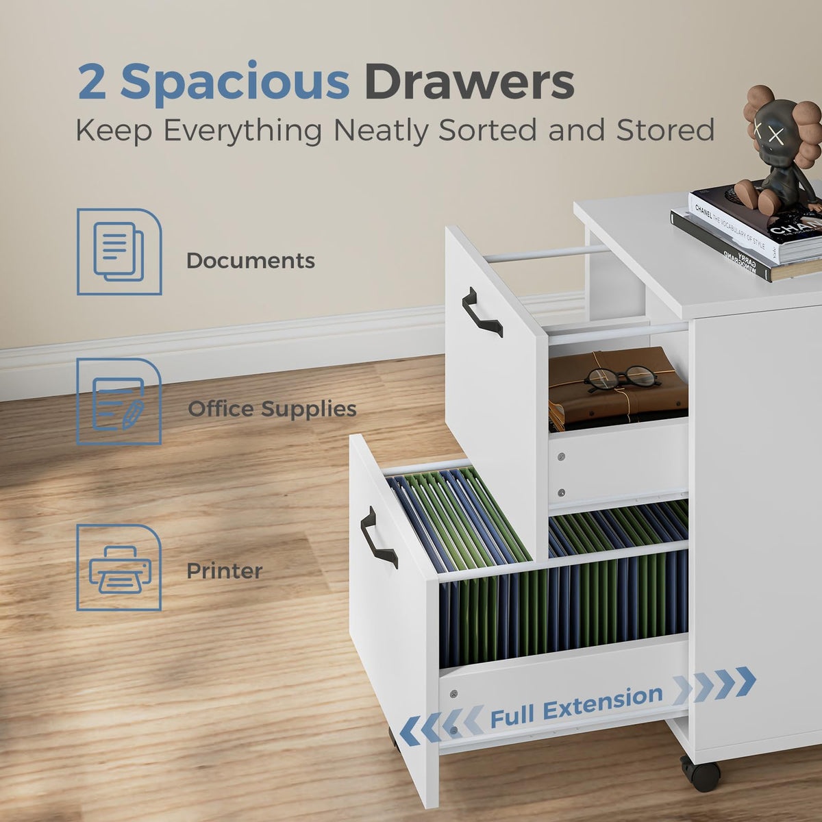 2 Drawer White Rolling Wood File Cabinet B92671