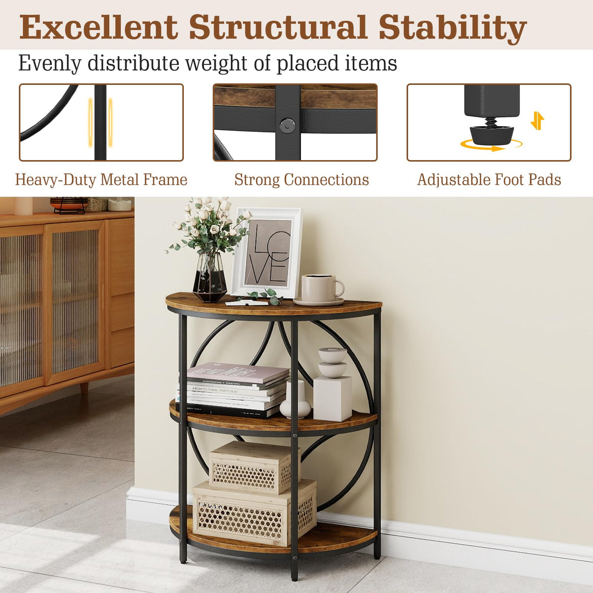 Half Round 3-Tier Sofa Side Table with Storage Shelves X893693