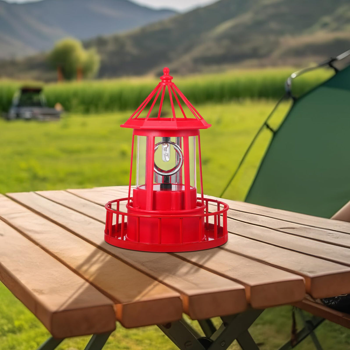 Solar Powered Rotating Lighthouse Garden Light Outdoor Waterproof Resin Iron Red Q757