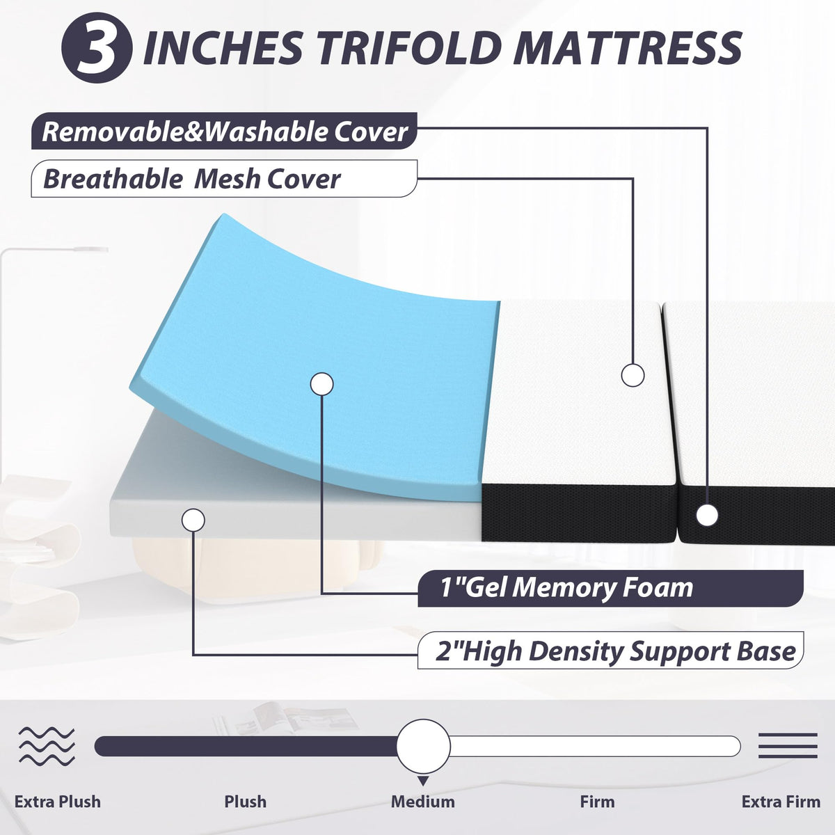 3 Inch Twin XL Tri Fold Memory Foam Mattress W918