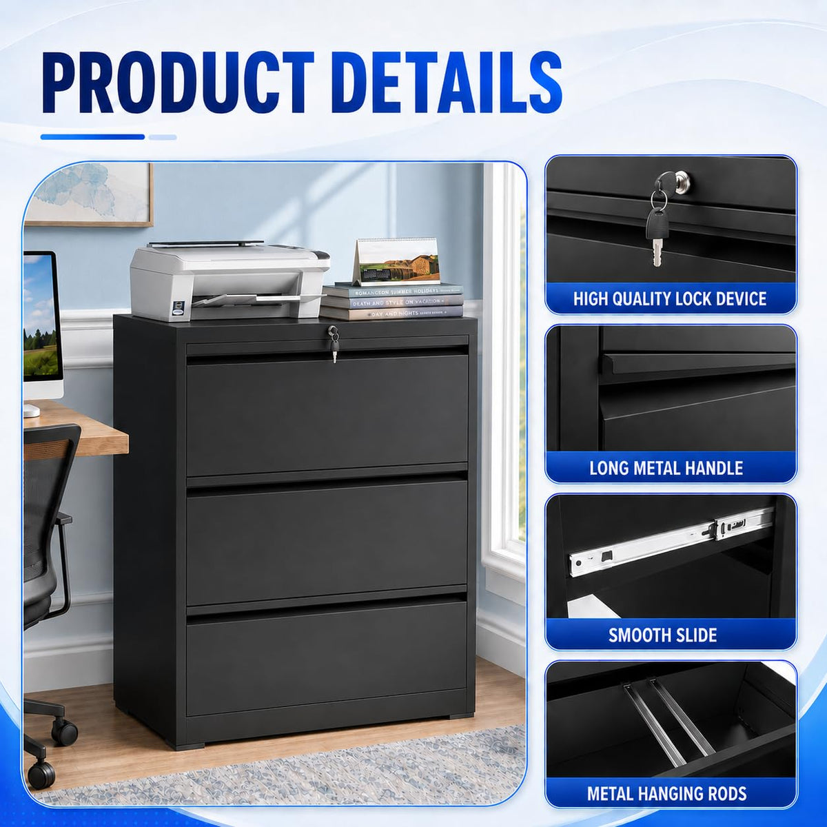 Black 3 Drawer Metal File Cabinet with Lock O690