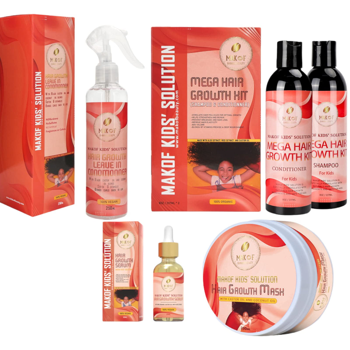 Kid’s Shampoo & Conditioner Set with Black Castor Oil, Argan Oil, Hair Mask Treatment and Leave-in Conditioner J4710