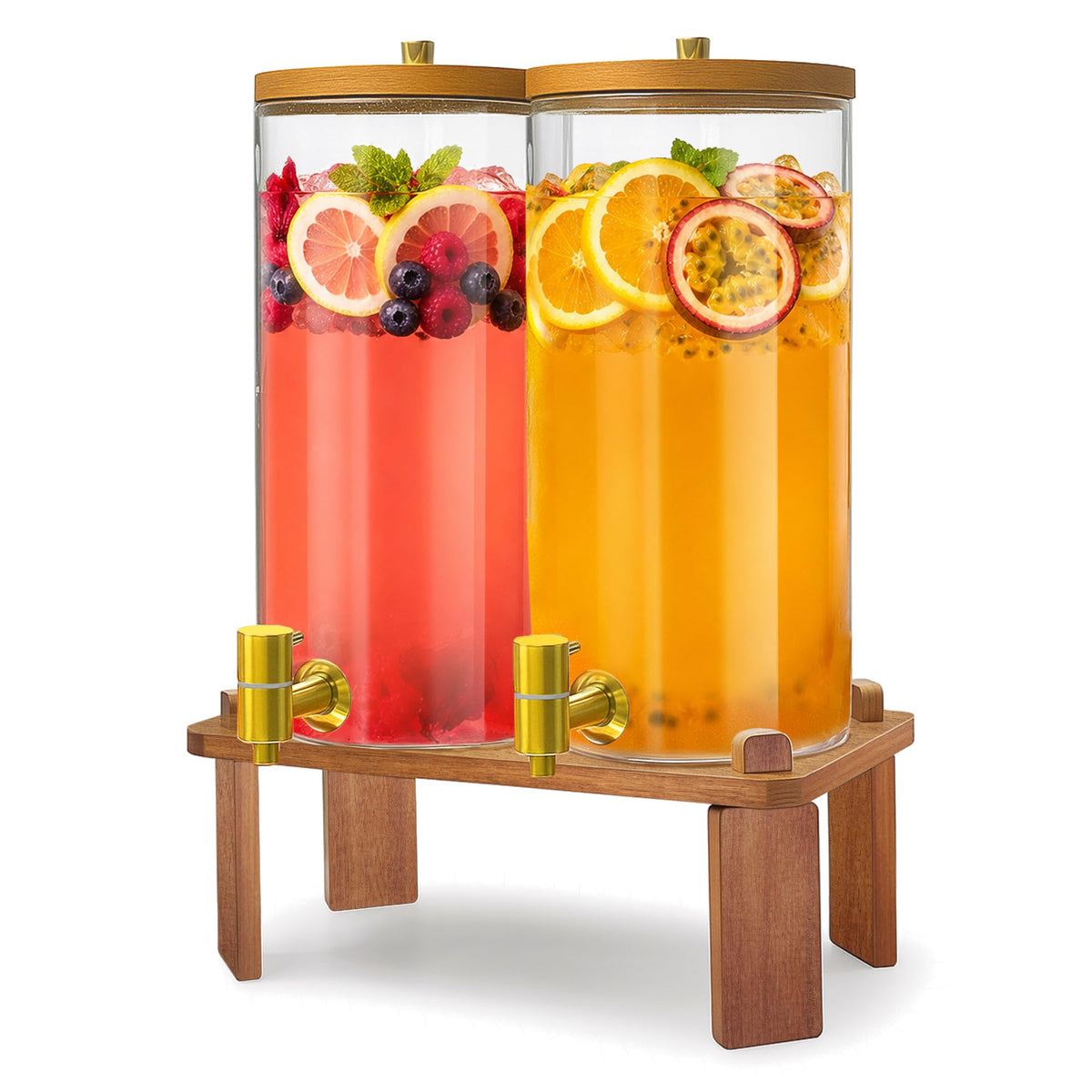 2PCS 1.5 Gallon Glass Beverage Dispenser with Wood Stand G9550