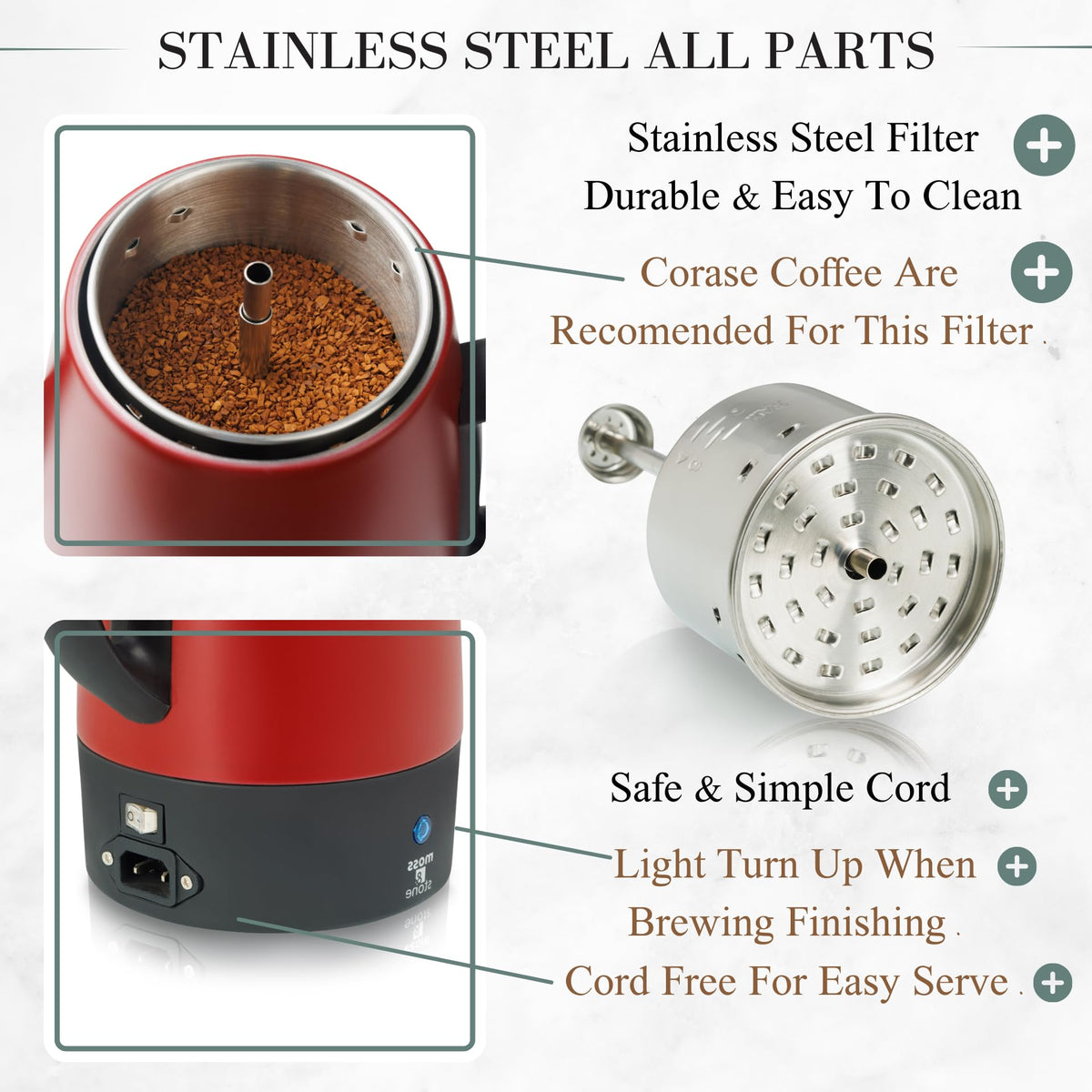 Red 10 Cups Electric Coffee Percolator with 3 Glass Cups N9036