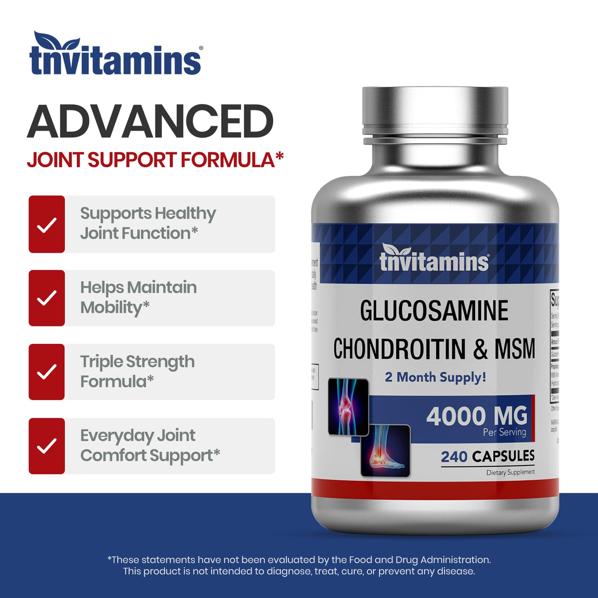 Glucosamine Chondroitin MSM 240 Capsules 4,000 mg Joint Support Supplement F976399