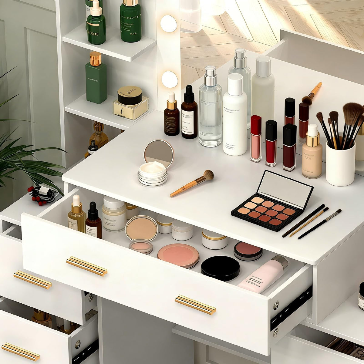 Makeup Vanity with Lights and Mirror, 7 Drawers, 6 Shelves, 10 Lights A384