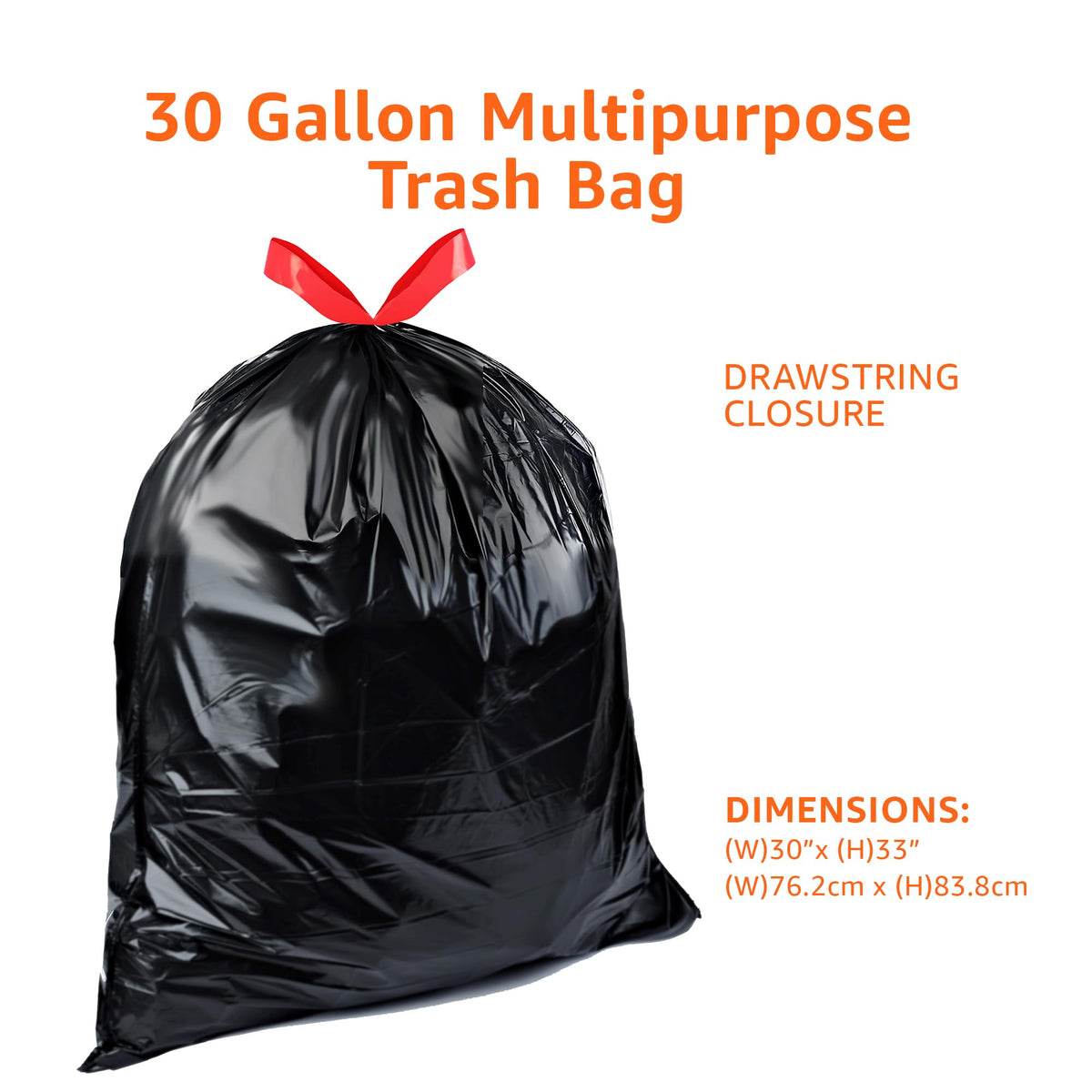 Multipurpose Drawstring Trash Bags, 30 Gallon, Tear Resistant, 50 Count S952