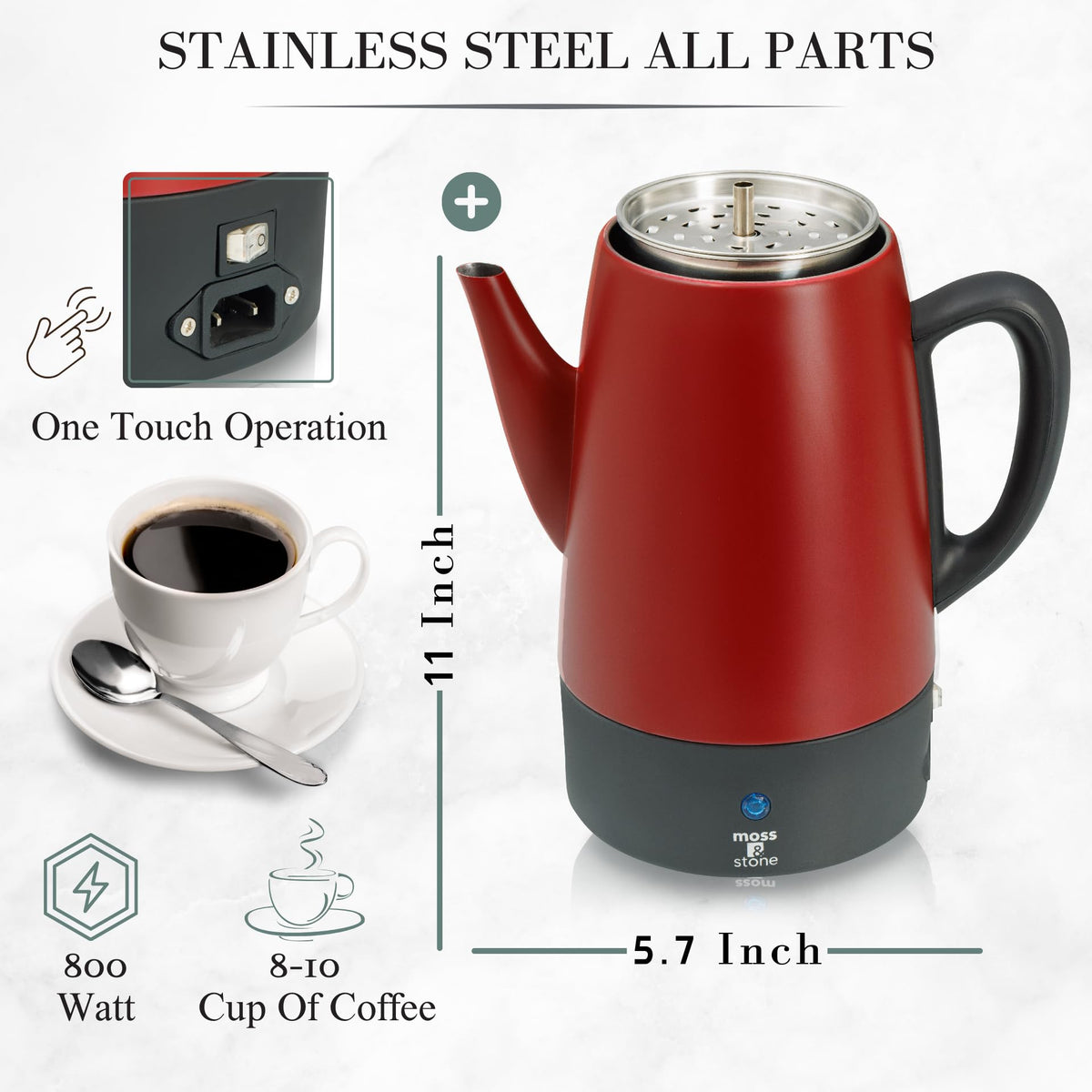 Red 10 Cups Electric Coffee Percolator with 3 Glass Cups N9036