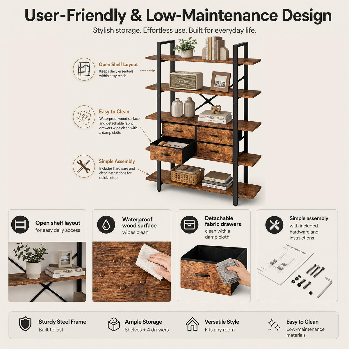 5-Tier Wood and Metal Bookshelf with 4 Fabric Drawers H44283