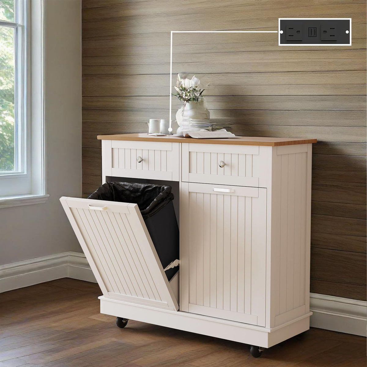 White 20 Gallon Tilt Out Trash Cabinet with Drawer A4101