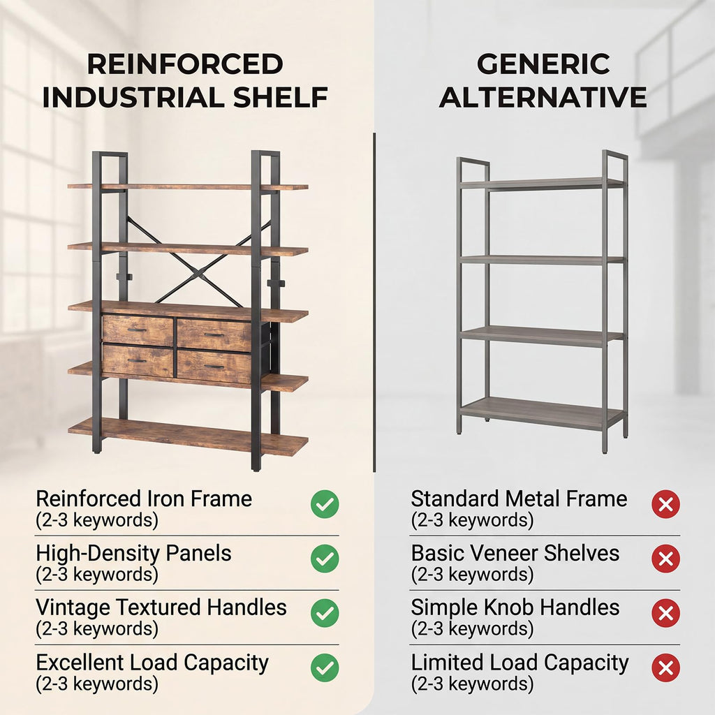 5-Tier Wood and Metal Bookshelf with 4 Fabric Drawers H44283