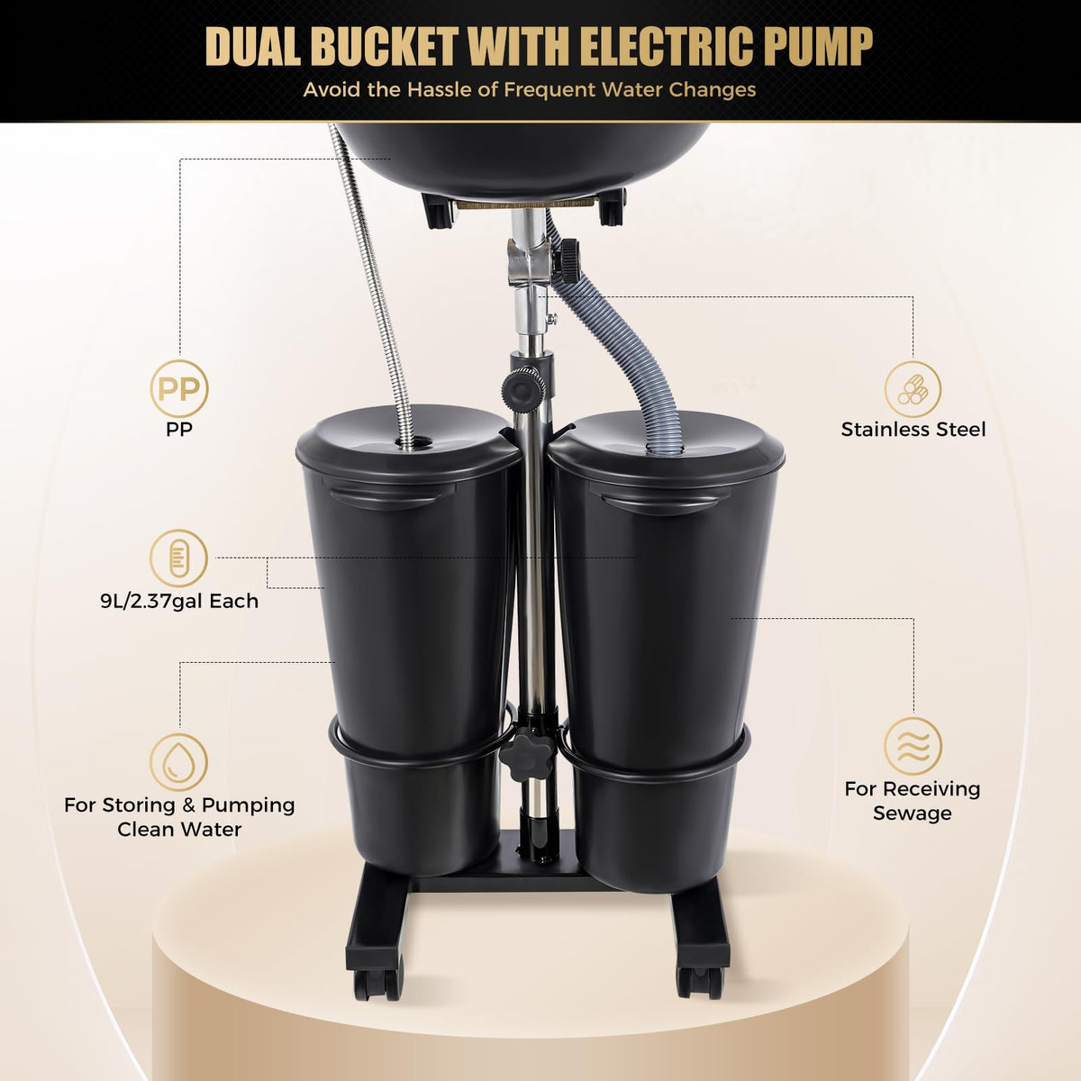 Portable Shampoo Basin with 2 Buckets and Electric Pump W12888