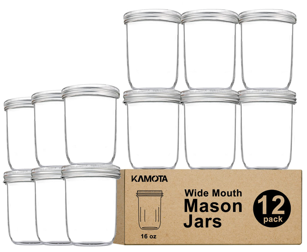 16oz Wide Mouth Mason Jars, 12 Pack with Lids & Bands O27616