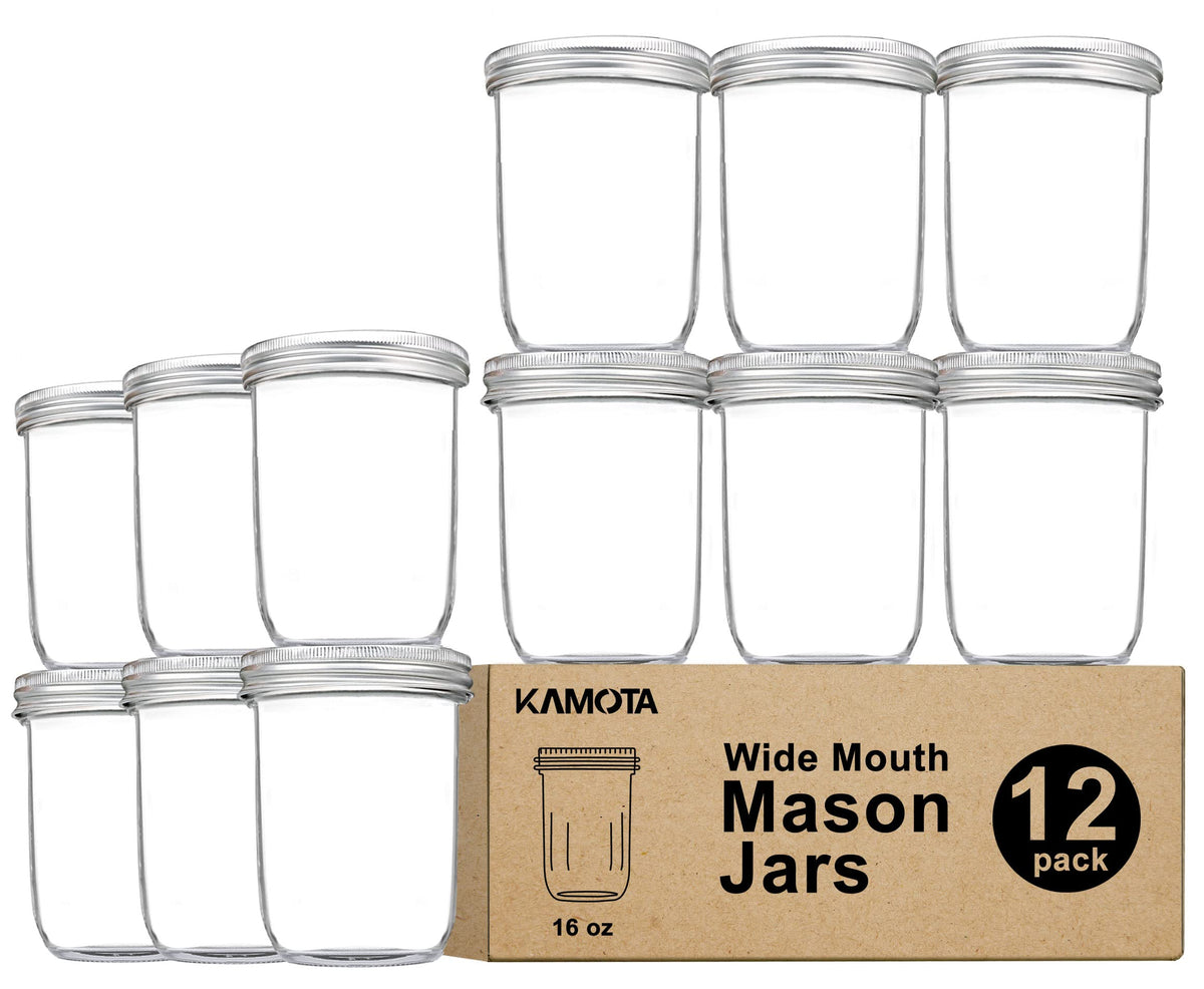 16oz Wide Mouth Mason Jars, 12 Pack with Lids & Bands O27616