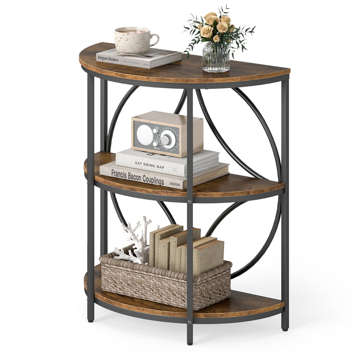 Half Round 3-Tier Sofa Side Table with Storage Shelves X893693
