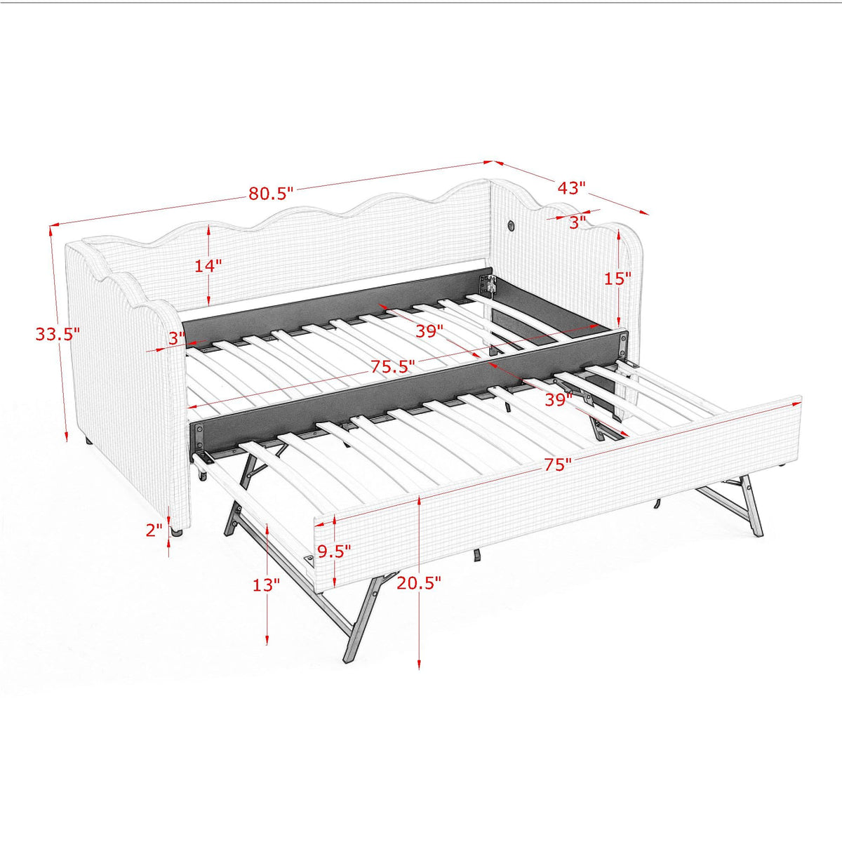 Twin Size Upholstered Daybed with Trundle and USB Port F88527