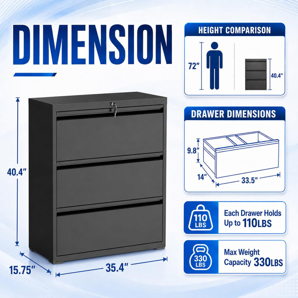 Black 3 Drawer Metal File Cabinet with Lock O690