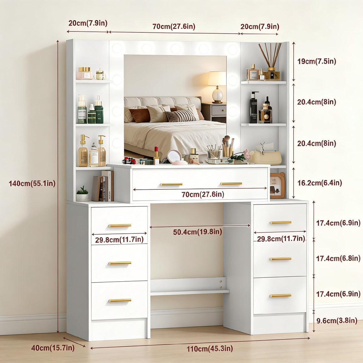 Makeup Vanity with Lights and Mirror, 7 Drawers, 6 Shelves, 10 Lights A384