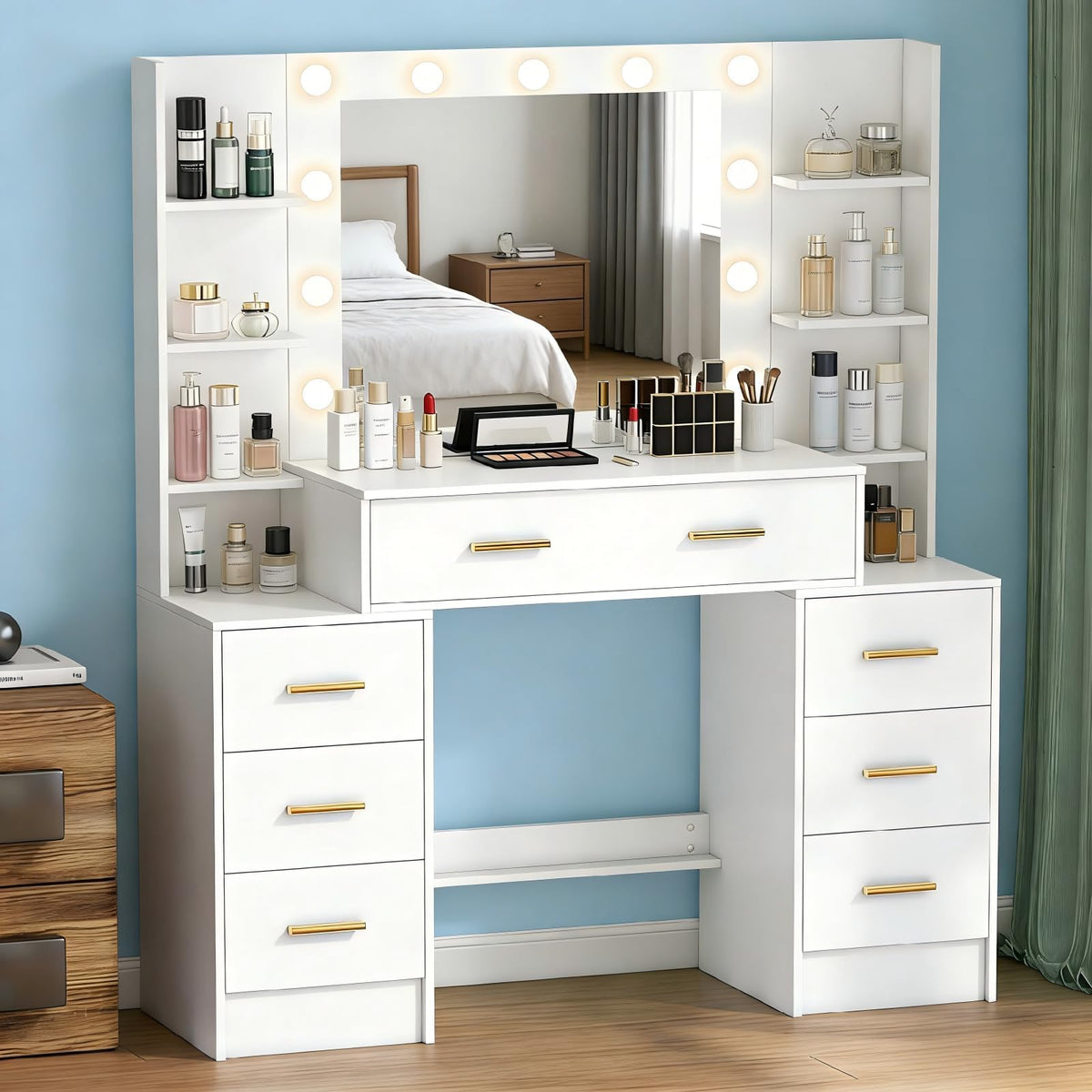 Makeup Vanity with Lights and Mirror, 7 Drawers, 6 Shelves, 10 Lights A384