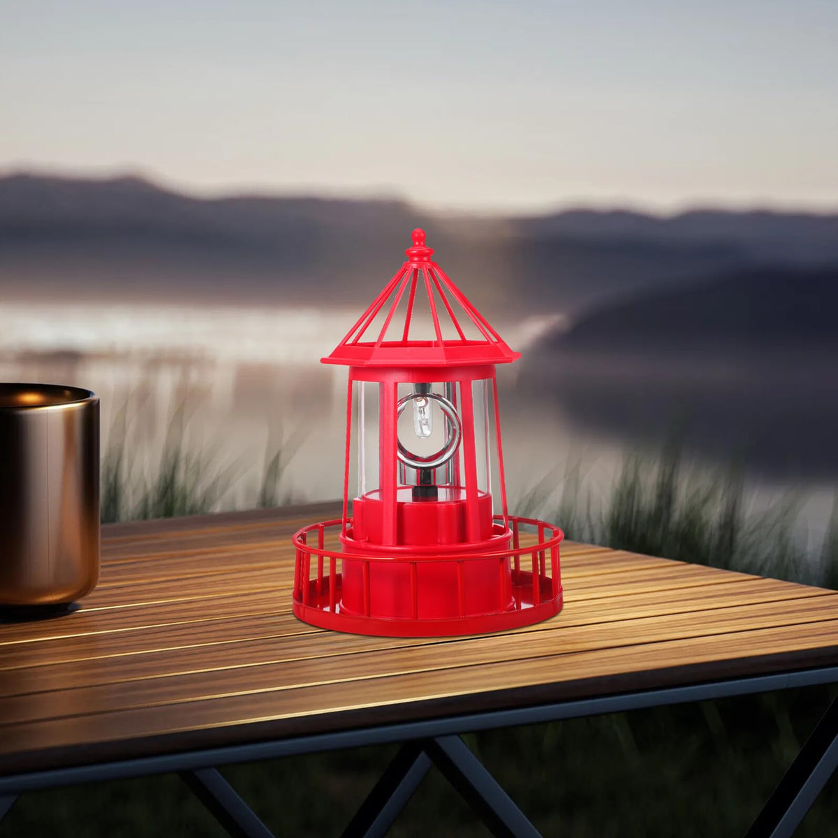 Solar Powered Rotating Lighthouse Garden Light Outdoor Waterproof Resin Iron Red Q757