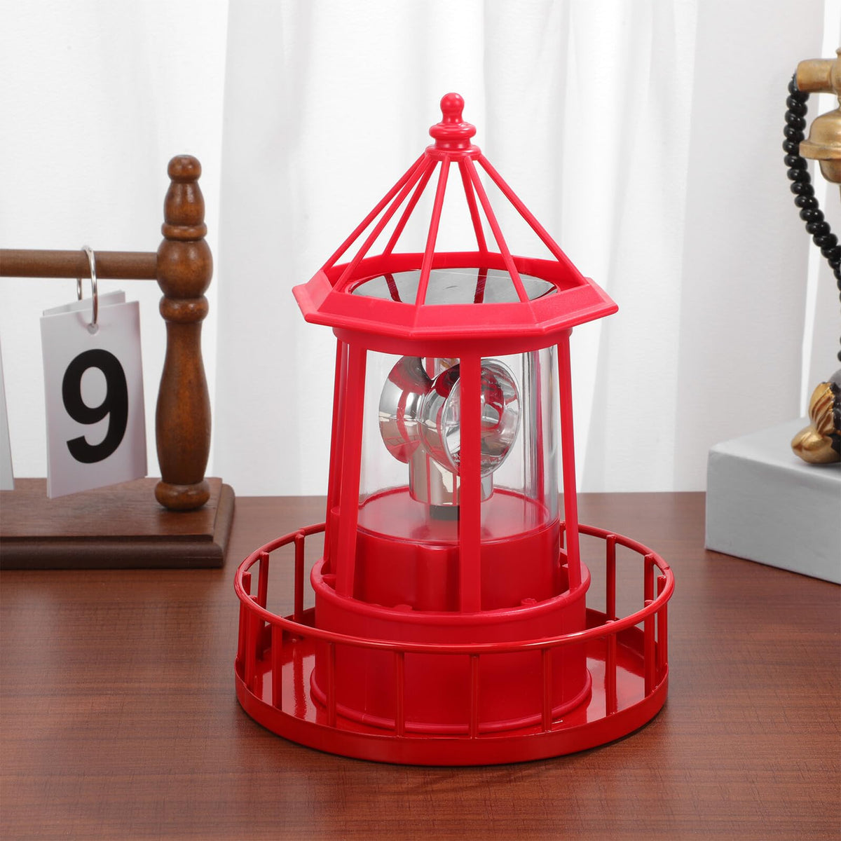 Solar Powered Rotating Lighthouse Garden Light Outdoor Waterproof Resin Iron Red Q757