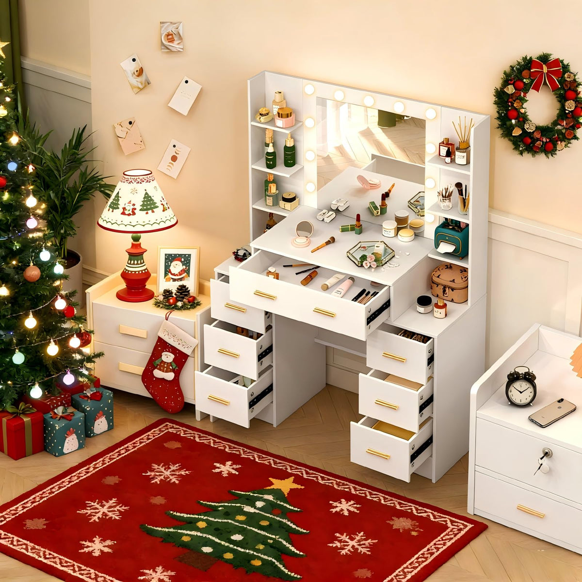 Makeup Vanity with Lights and Mirror, 7 Drawers, 6 Shelves, 10 Lights A384