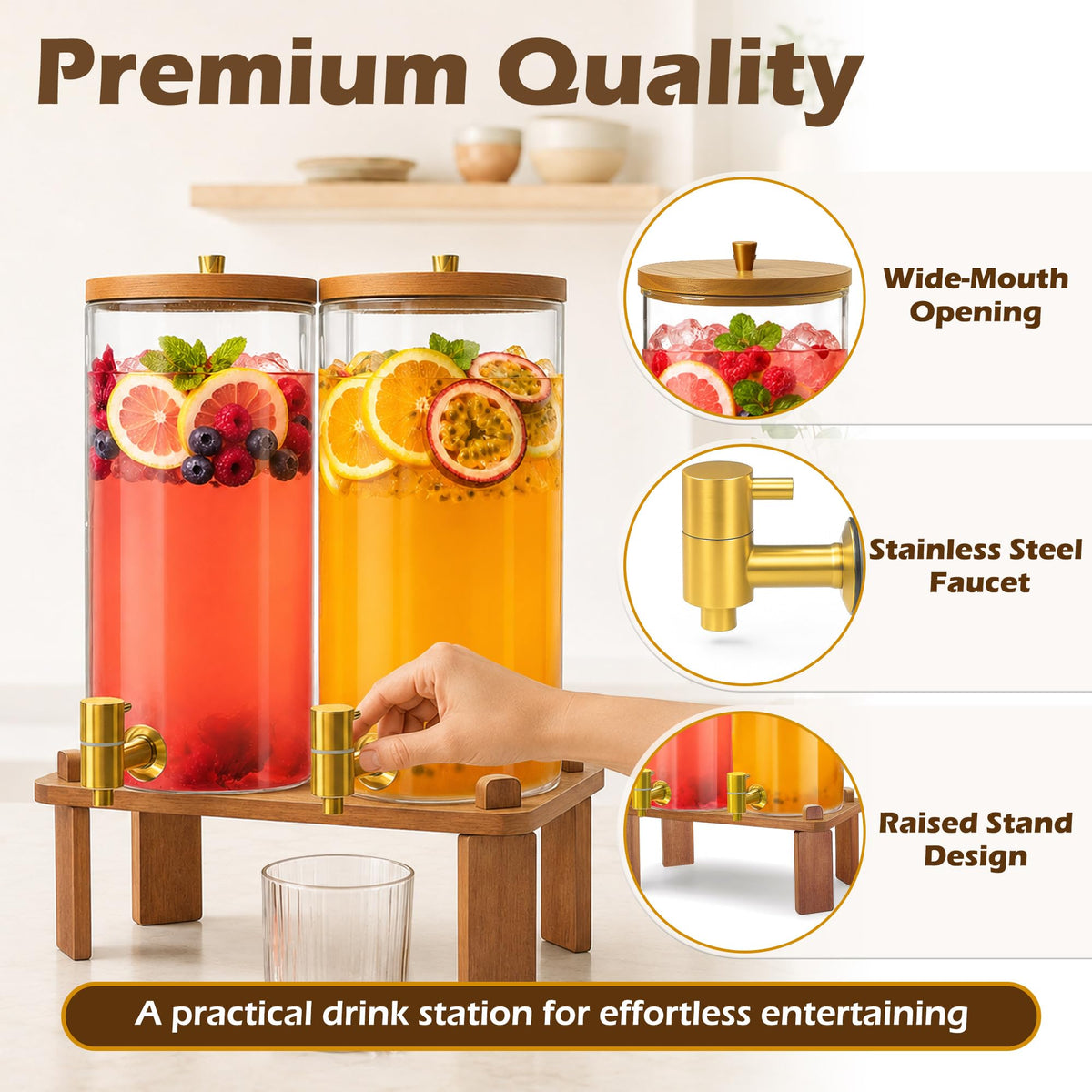 2PCS 1.5 Gallon Glass Beverage Dispenser with Wood Stand G9550
