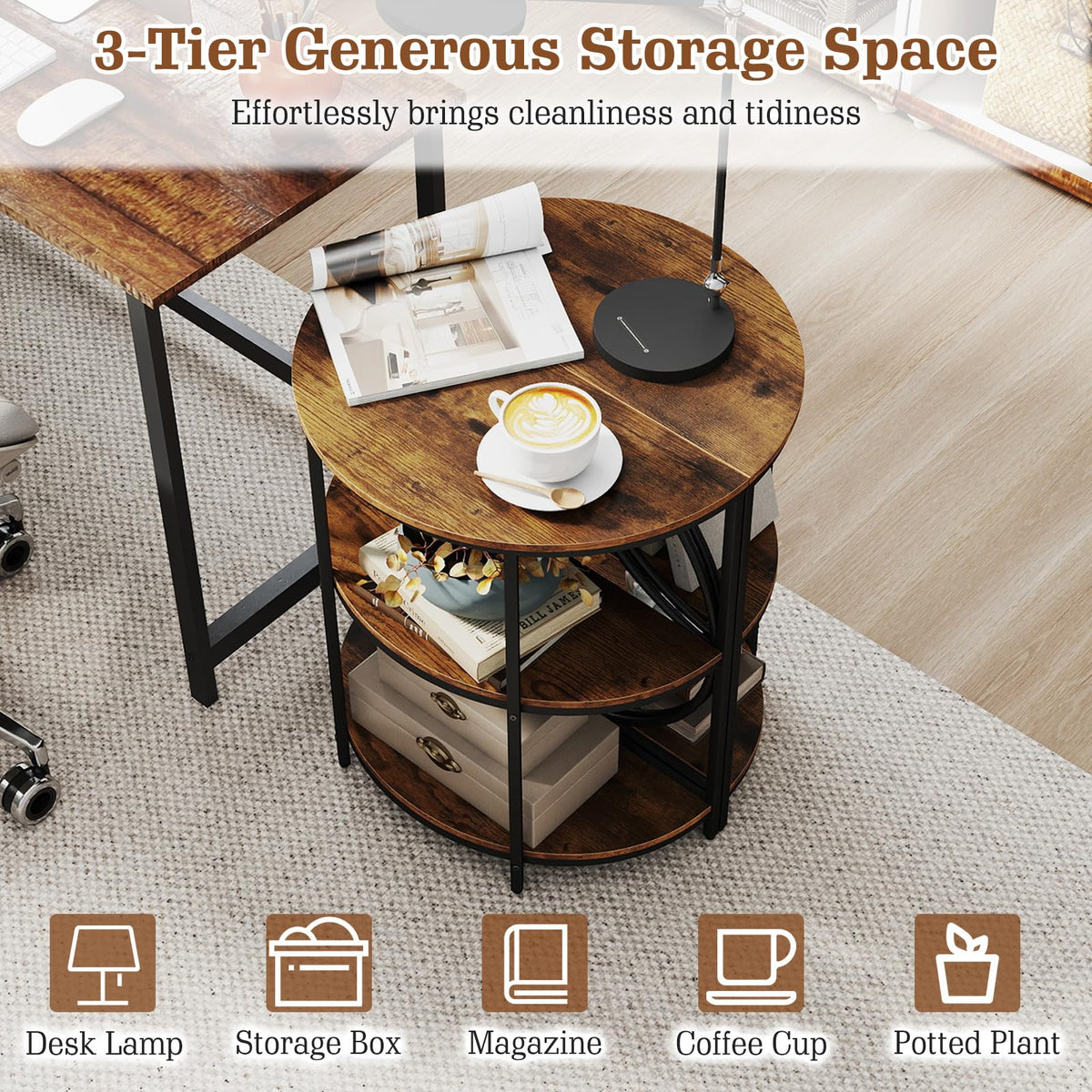 Half Round 3-Tier Sofa Side Table with Storage Shelves X893693