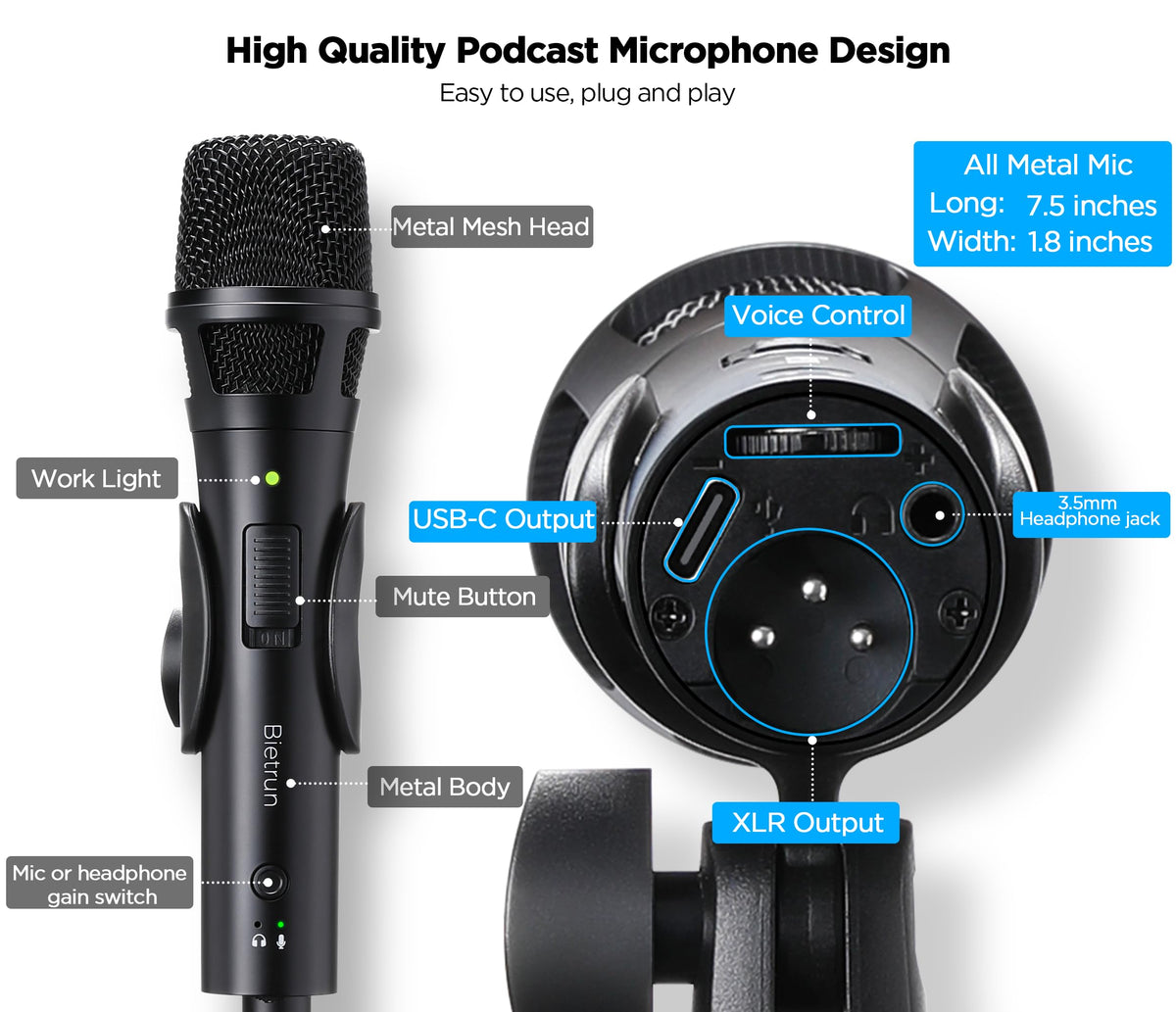 USB Dynamic Microphone with Desktop Stand, Pop Filter, Headphone Jack L223192