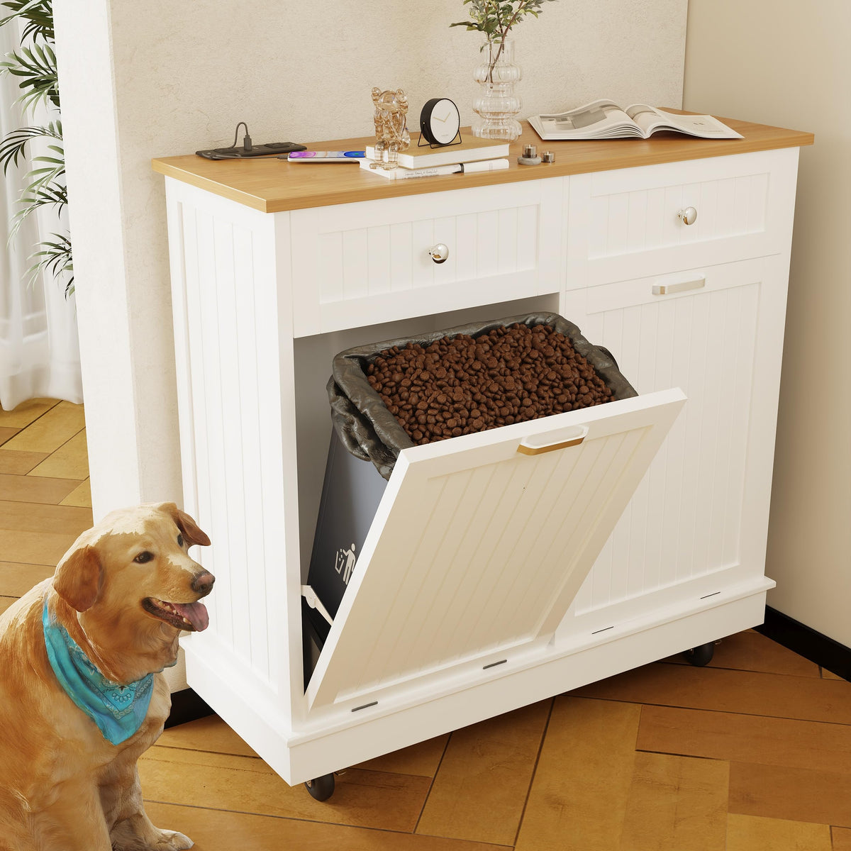 White 20 Gallon Tilt Out Trash Cabinet with Drawer A4101