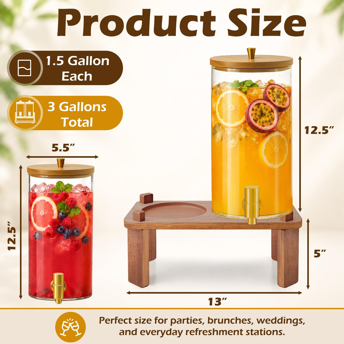 2PCS 1.5 Gallon Glass Beverage Dispenser with Wood Stand G9550