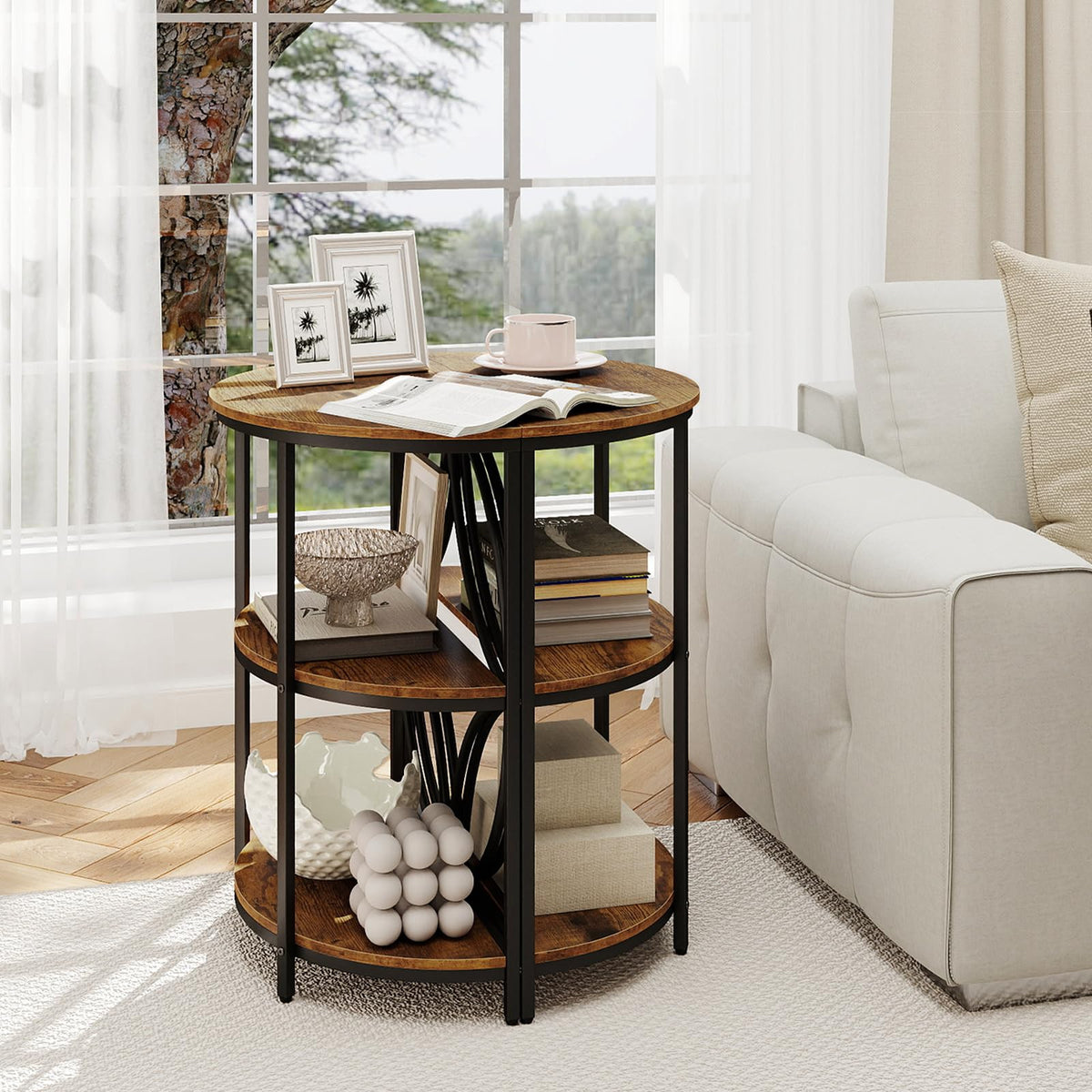 Half Round 3-Tier Sofa Side Table with Storage Shelves X893693