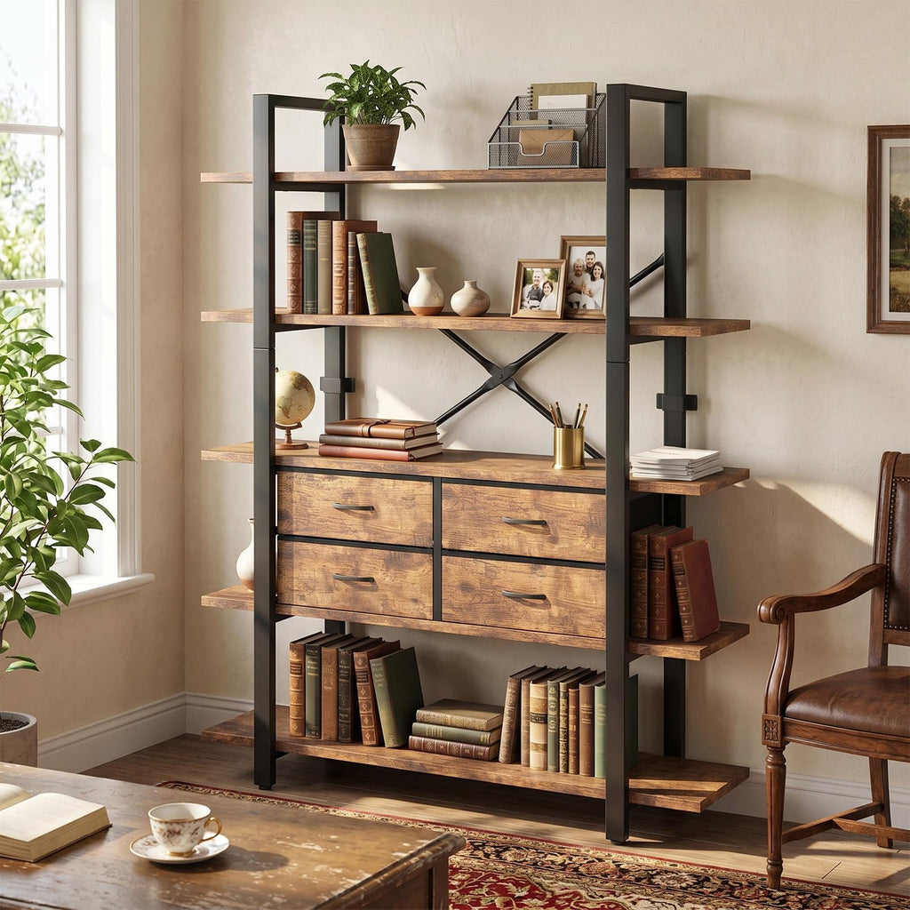 5-Tier Wood and Metal Bookshelf with 4 Fabric Drawers H44283