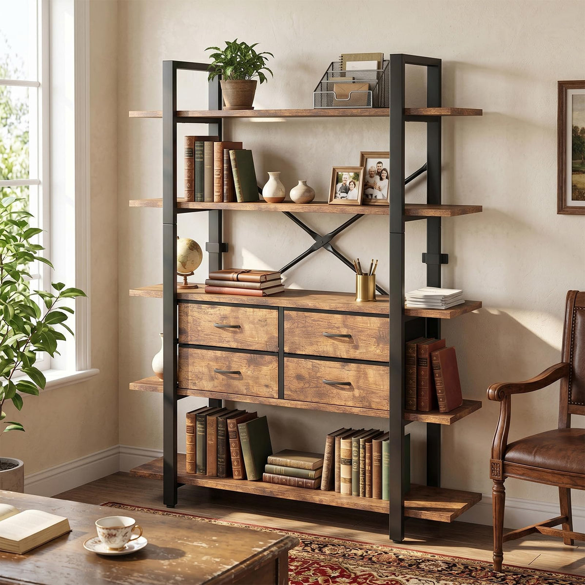 5-Tier Wood and Metal Bookshelf with 4 Fabric Drawers H44283
