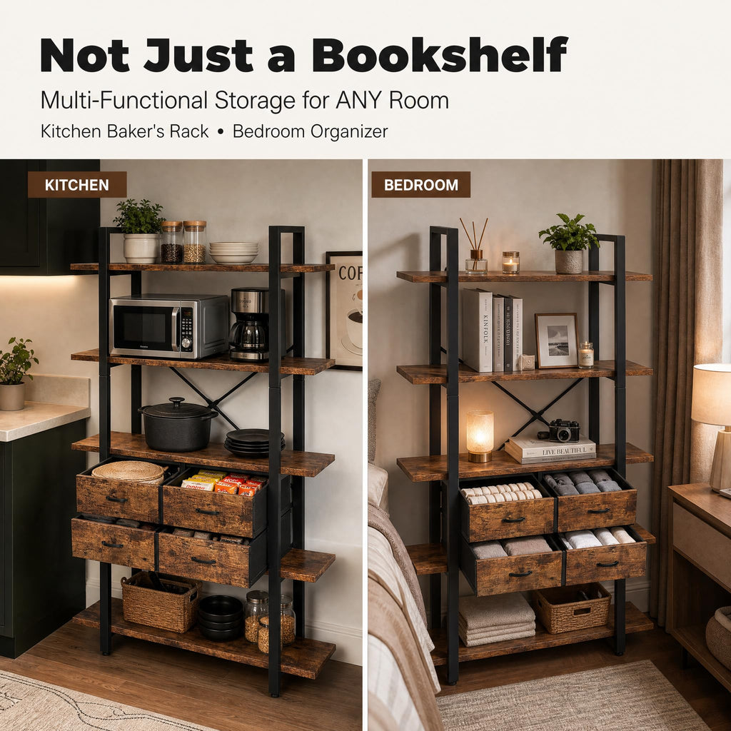 5-Tier Wood and Metal Bookshelf with 4 Fabric Drawers H44283