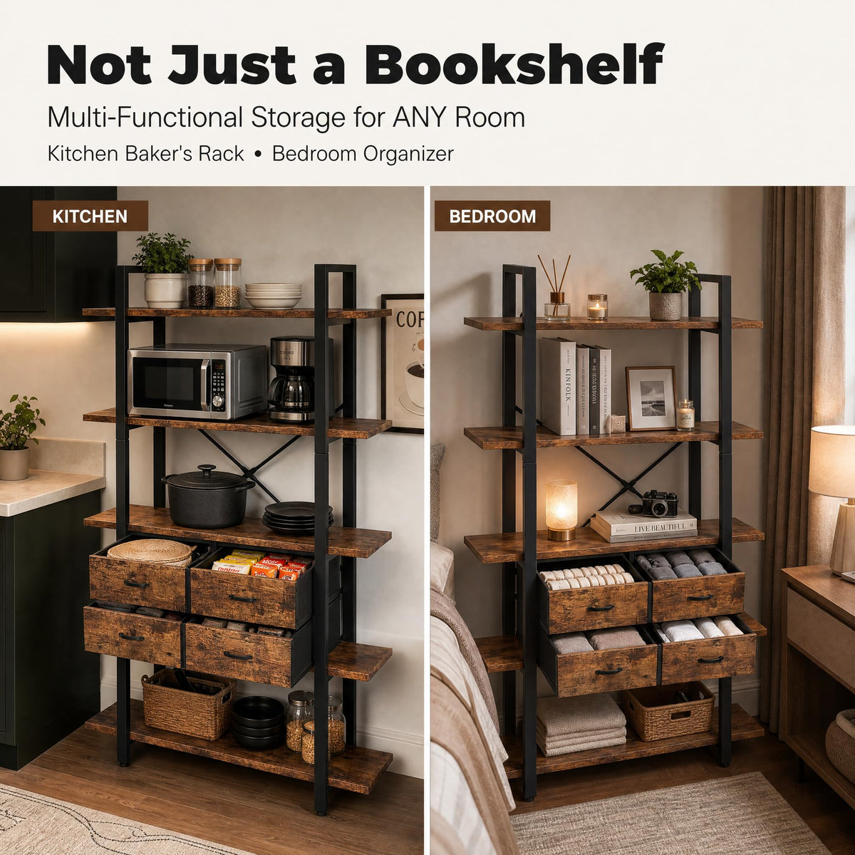 5-Tier Wood and Metal Bookshelf with 4 Fabric Drawers H44283
