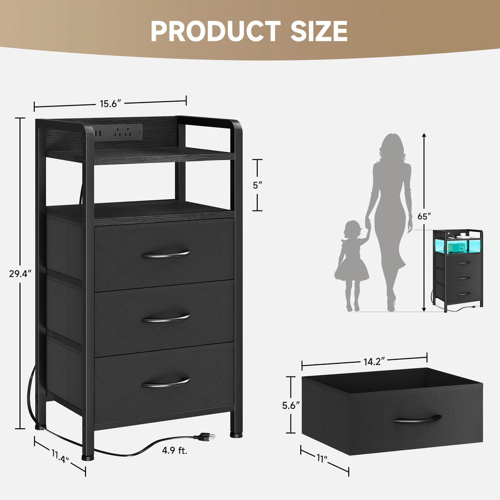 Black 3 Drawer Nightstand with Charging Station H48353
