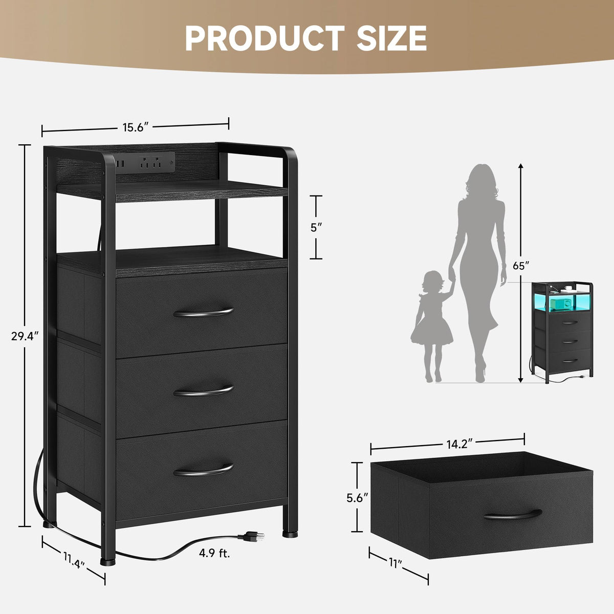 Black 3 Drawer Nightstand with Charging Station H48353