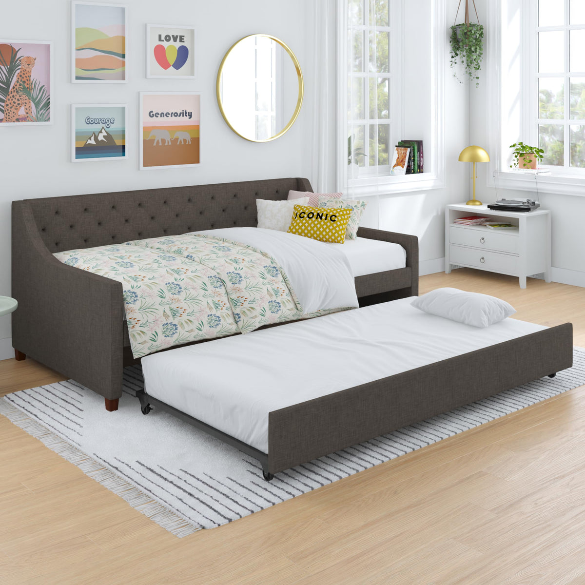 Grey Linen Twin over Twin Upholstered Daybed and Trundle Y832