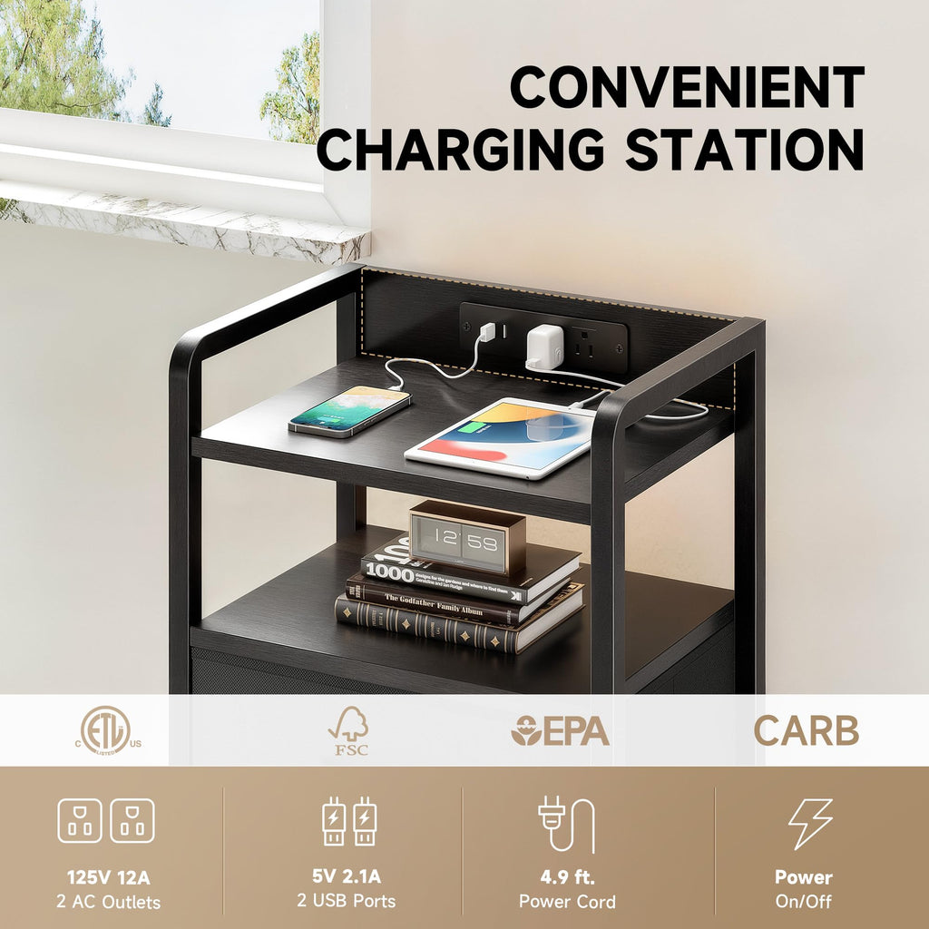 Black 3 Drawer Nightstand with Charging Station H48353
