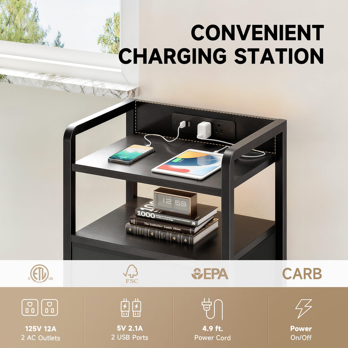 Black 3 Drawer Nightstand with Charging Station H48353